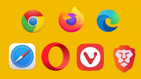 Het logo van Chrome, Firefox, Edge, Safari, Opera, Vivaldi en Brave